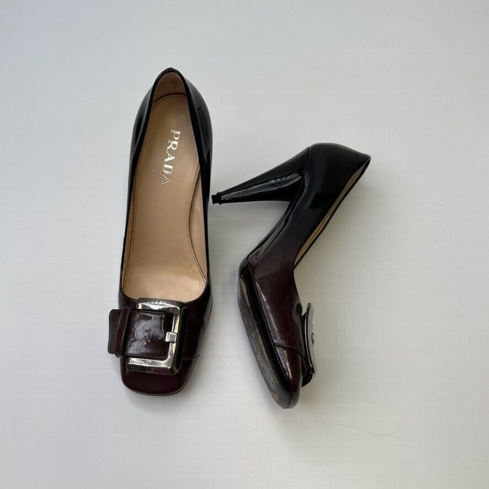 Prada Pump Women 7.5 Leather Patent Italy Buckle Square Heel Shiny Ombre Core Go - Picture 2 of 14